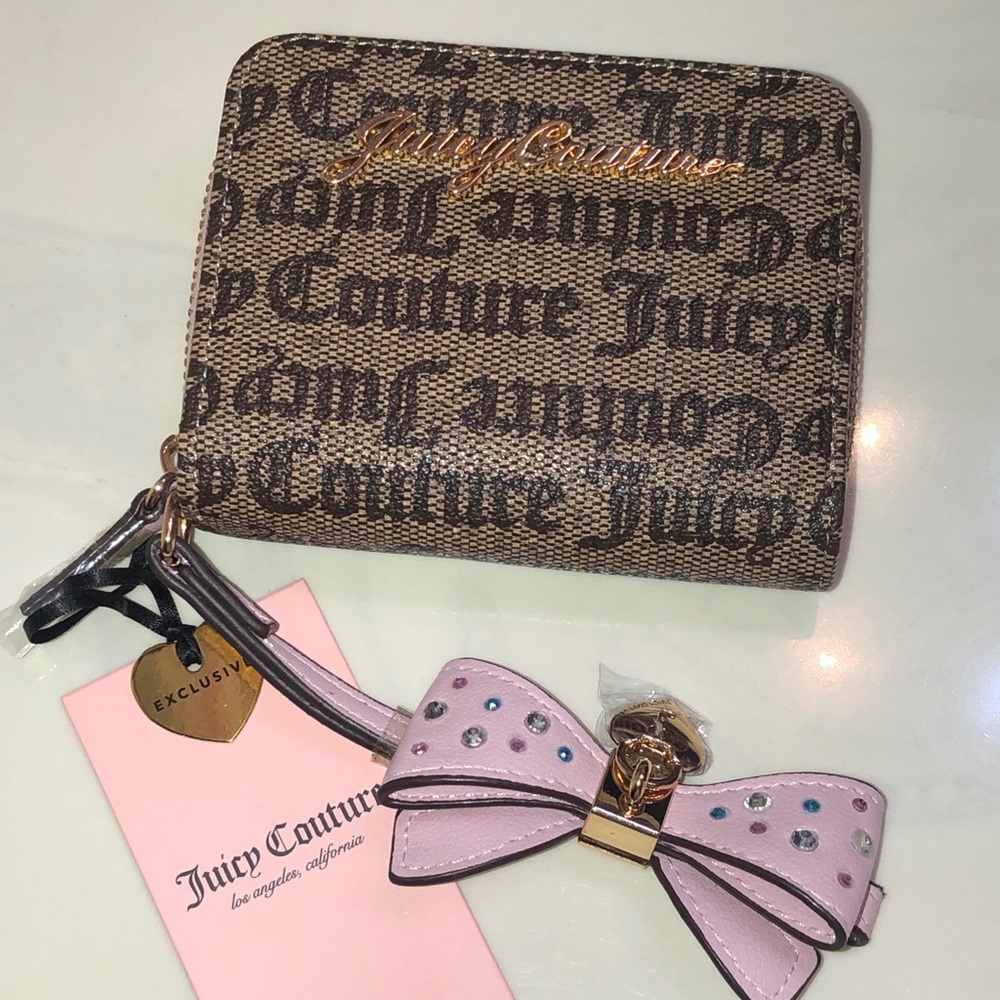 Juicy Couture Taupe Dark Brown Lovely Bow Small ZA Wallet Wristlet Bow Strap NWT
